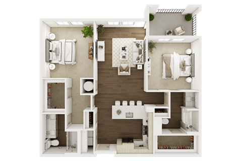 Floor plan for 2 beds, 2 baths, 1142 sqft